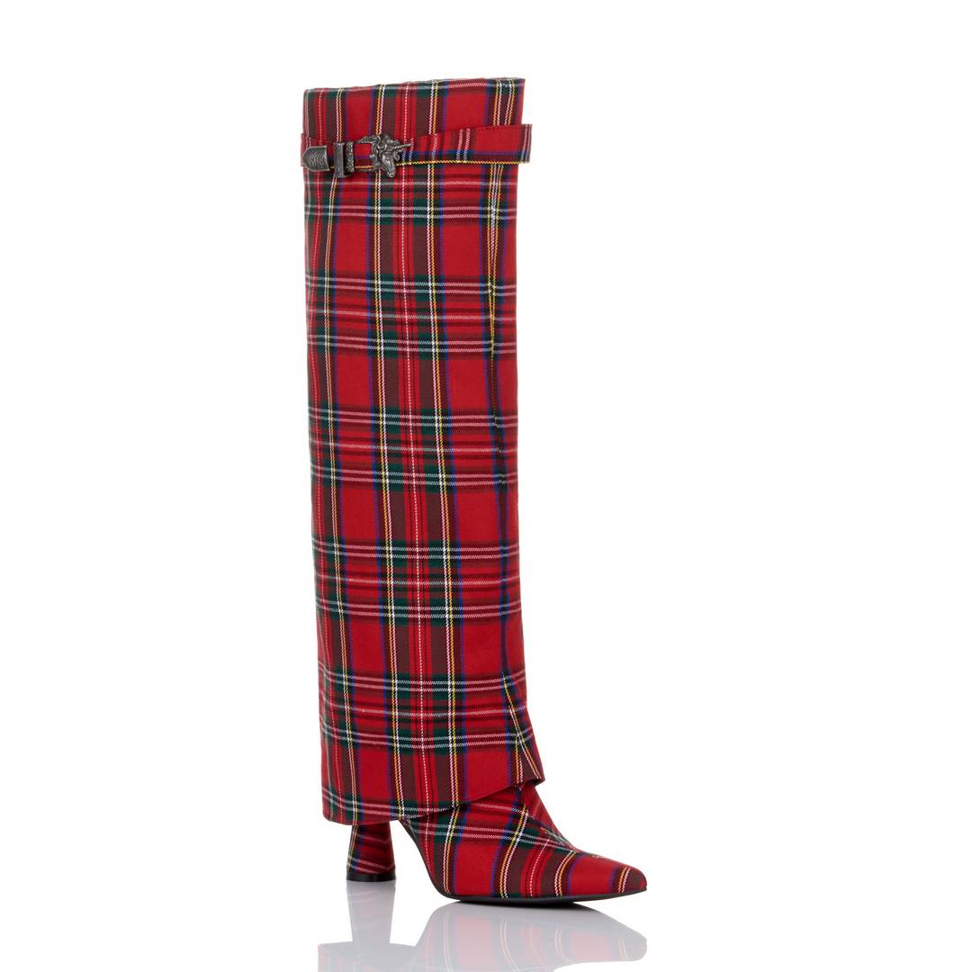 red plaid knee high boots